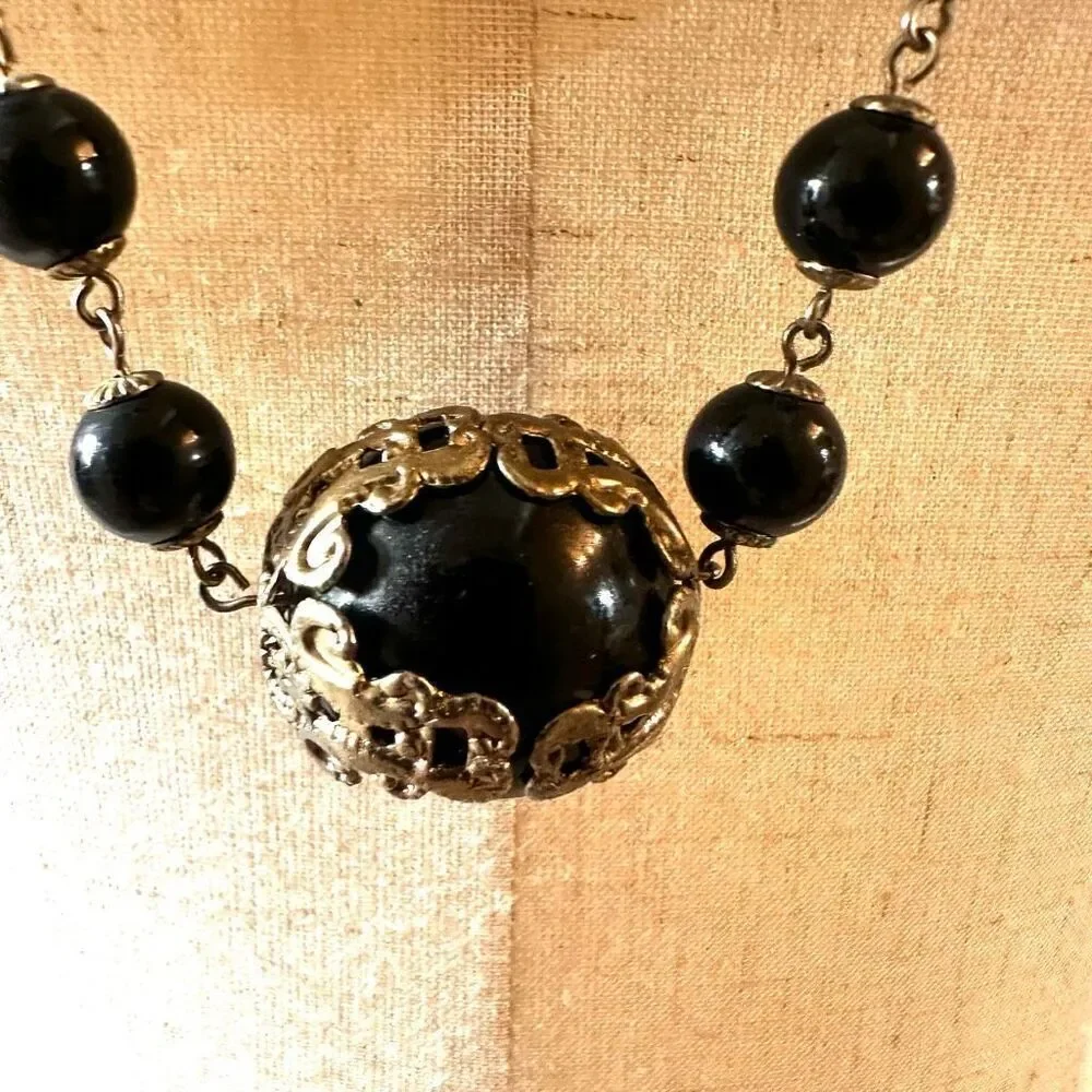 Vintage long black beaded necklace